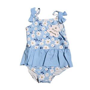 NWT | Mioglrie Girl's Daisy Print Swimsuit | Ruffle Skirt | Shoulder Bows | Blue